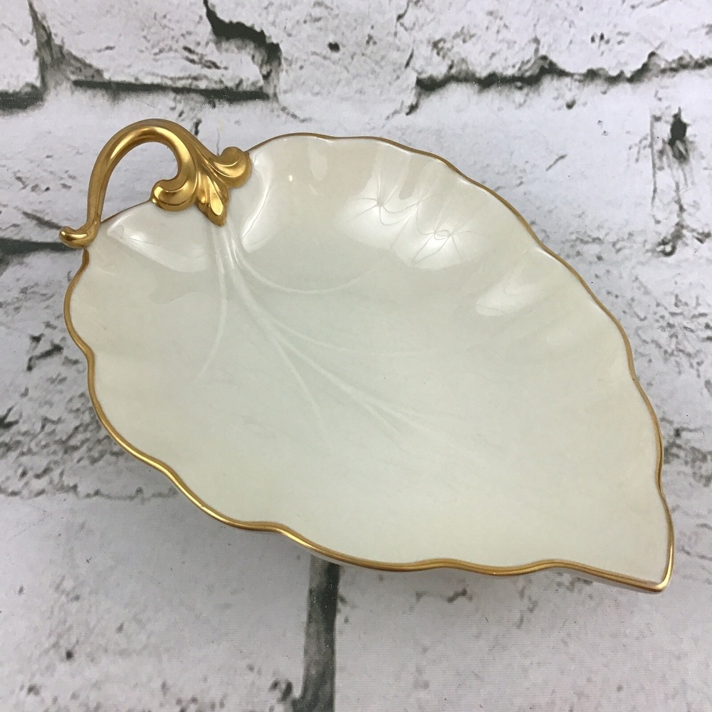 VINTAGE Lenox Ivory Leaf‎ Shaped Candy Nut Dish Hand Decorated W/ 24K Gold Trim